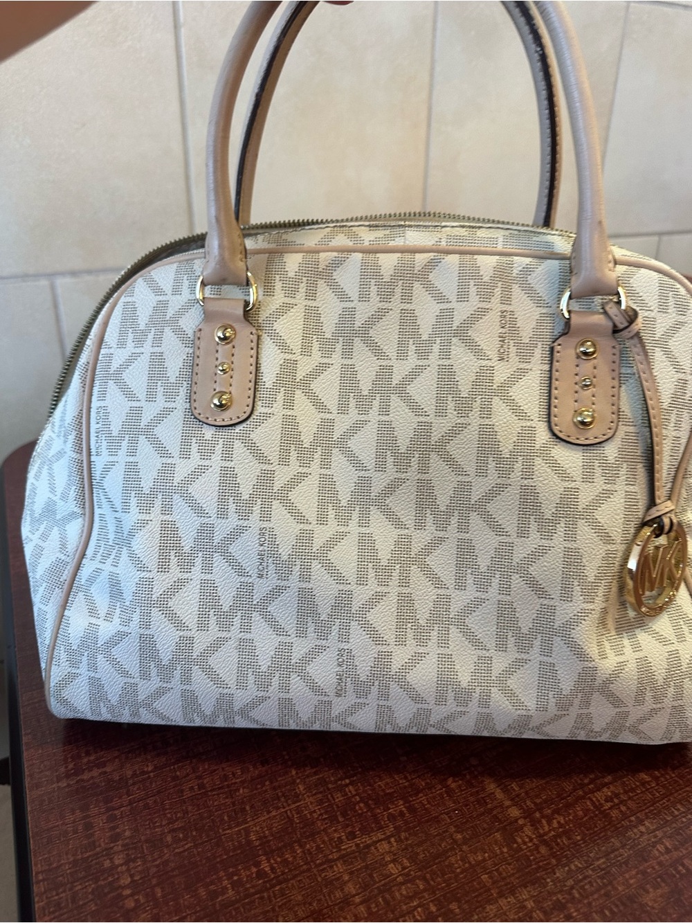 Michael Kors Cream and Tan Logo Satchel
